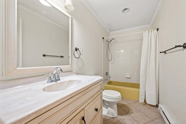 bathroom featuring vanity, a baseboard heating unit, crown molding, toilet, and tile patterned floors