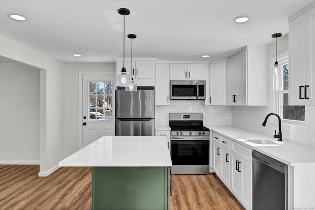 kitchen with stainless steel appliances, a sink, decorative backsplash, and wood finished floors