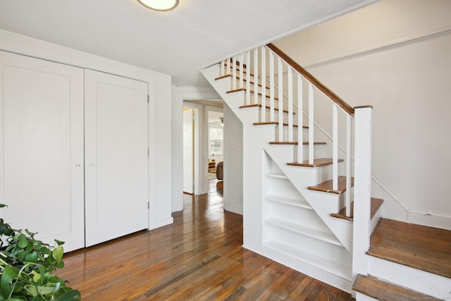 stairs featuring hardwood / wood-style floors