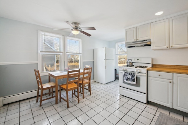 kitchen featuring wooden counters, a ceiling fan, white cabinetry, white appliances, and under cabinet range hood