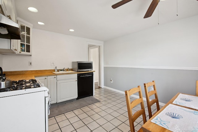 kitchen with black dishwasher, stainless steel microwave, glass insert cabinets, white cabinetry, and white gas range oven