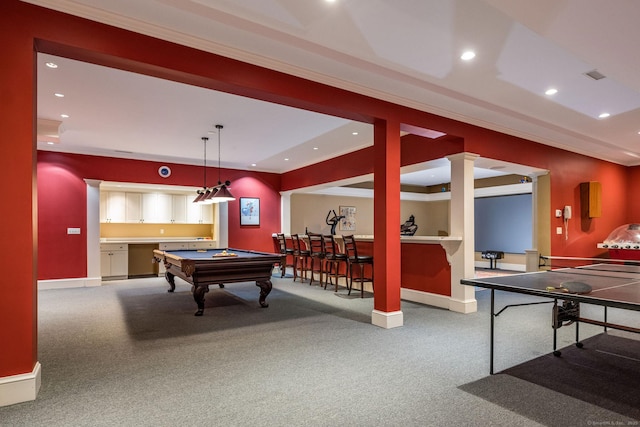 rec room featuring recessed lighting, visible vents, a community bar, carpet flooring, and baseboards