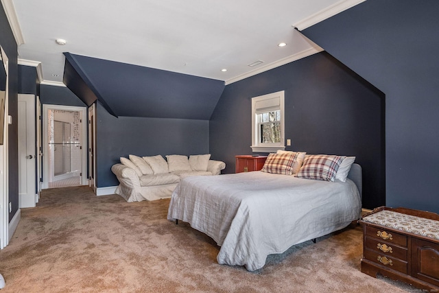 bedroom featuring recessed lighting, carpet flooring, baseboards, vaulted ceiling, and crown molding