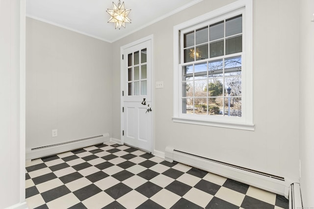 entryway featuring crown molding, baseboard heating, and tile patterned floors