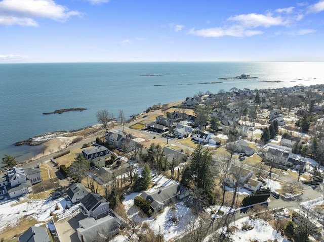 bird's eye view featuring a water view and a residential view