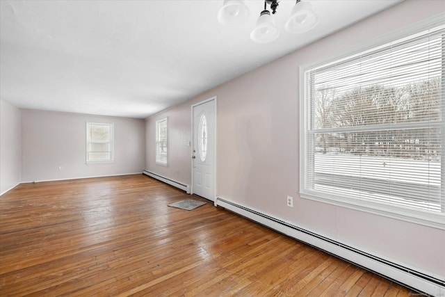 entrance foyer featuring light wood finished floors and baseboard heating