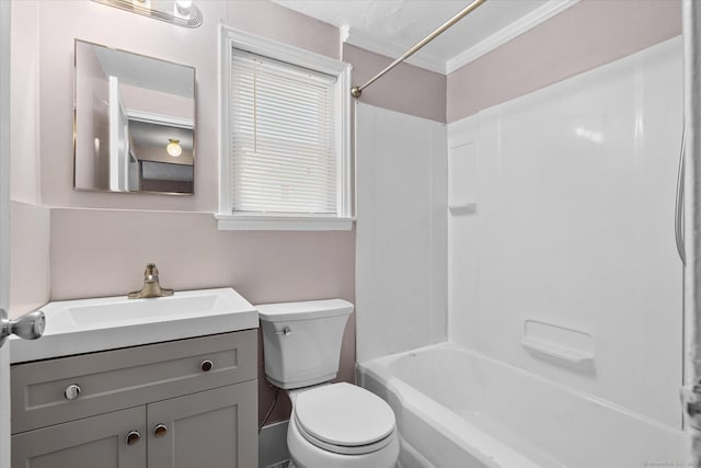 bathroom featuring toilet, shower / bath combination, and vanity