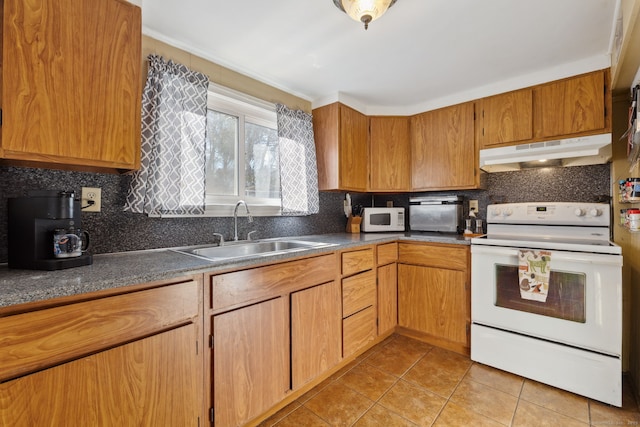 kitchen with white appliances, a sink, under cabinet range hood, and backsplash