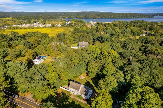 birds eye view of property with a water view and a view of trees