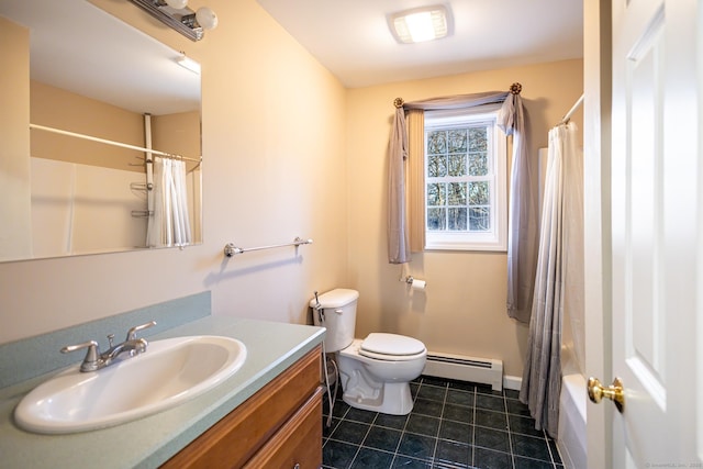 bathroom featuring baseboards, toilet, a baseboard radiator, tile patterned flooring, and vanity