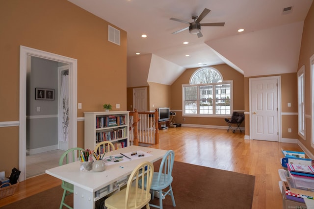 dining area with recessed lighting, visible vents, vaulted ceiling, and light wood finished floors