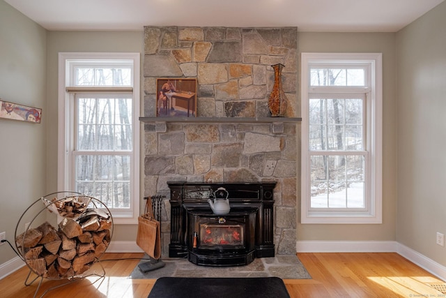 details with wood finished floors, a wood stove, and baseboards