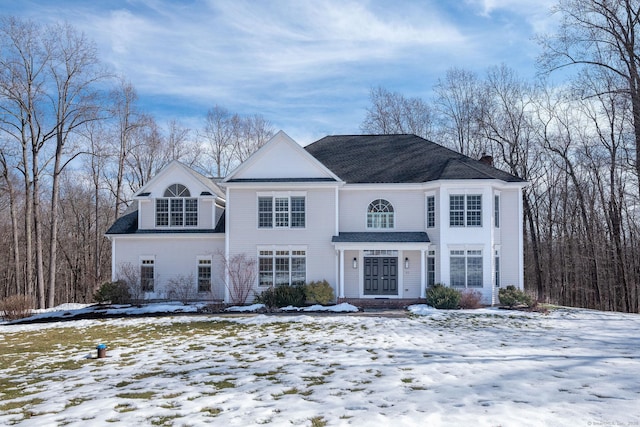 neoclassical / greek revival house with a chimney