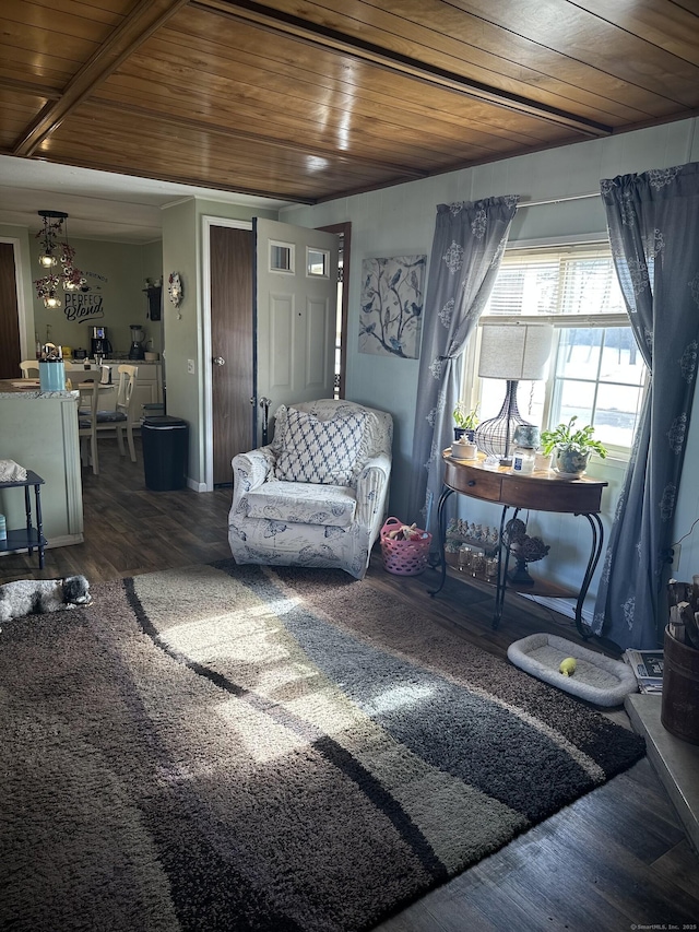 living room featuring wood ceiling and wood finished floors