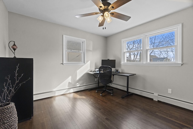 office area featuring ceiling fan, dark wood-style flooring, and baseboards