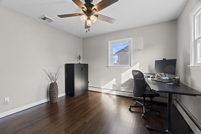 home office with baseboards, visible vents, dark wood finished floors, and a ceiling fan