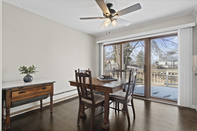 dining area featuring a healthy amount of sunlight, dark wood finished floors, and ceiling fan