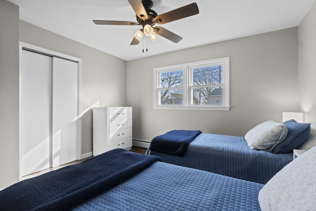 bedroom featuring ceiling fan, a baseboard heating unit, and a closet