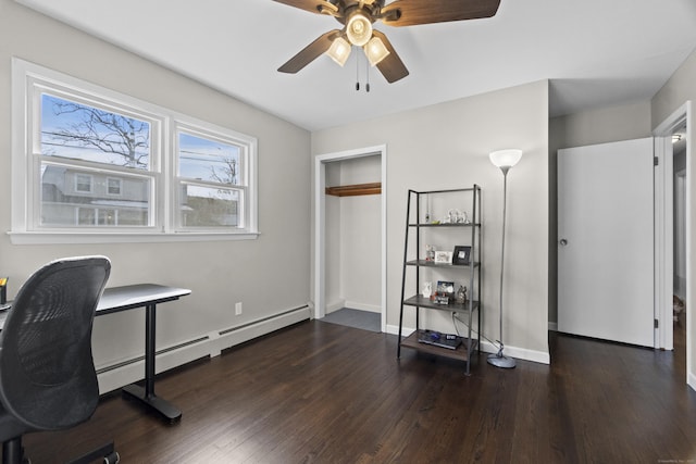 office space with dark wood-style flooring, baseboard heating, a ceiling fan, and baseboards