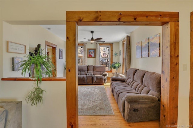 living area featuring a ceiling fan and wood finished floors