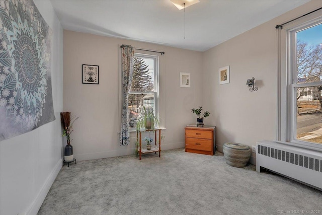 bedroom featuring carpet flooring, multiple windows, radiator, and baseboards