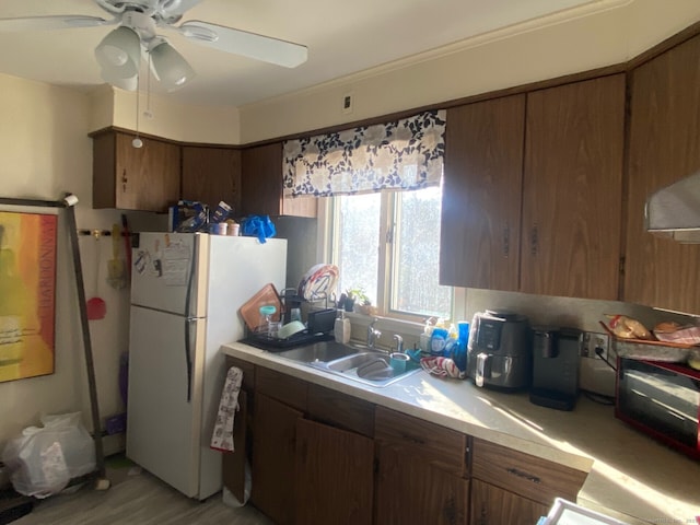 kitchen with ceiling fan, a sink, light countertops, freestanding refrigerator, and brown cabinetry