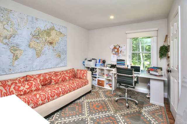 office space with dark wood-style floors, baseboards, and recessed lighting