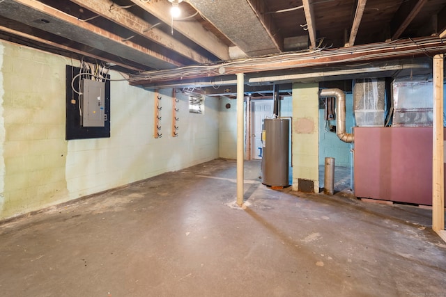 unfinished basement featuring electric panel, water heater, and heating unit