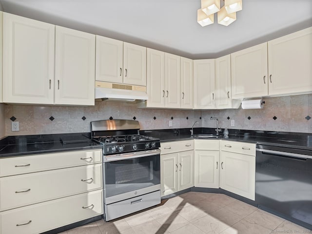 kitchen featuring black dishwasher, gas stove, under cabinet range hood, a sink, and light tile patterned flooring