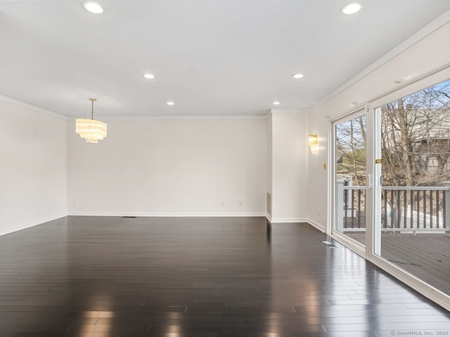 empty room with dark wood-style floors, recessed lighting, crown molding, and baseboards