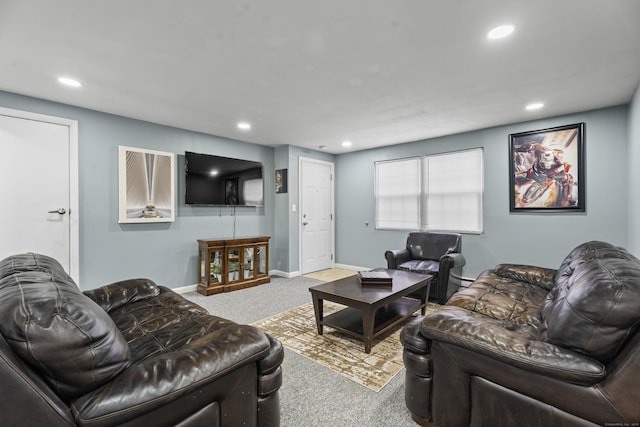 carpeted living room with baseboards and recessed lighting