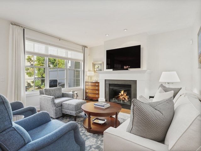 living room featuring a glass covered fireplace and wood finished floors