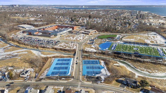 birds eye view of property featuring a water view