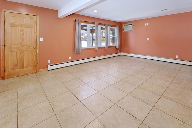 empty room with light tile patterned floors, recessed lighting, a baseboard heating unit, beamed ceiling, and a wall mounted air conditioner