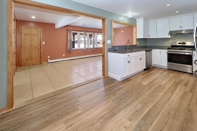 kitchen with light wood finished floors, white cabinets, appliances with stainless steel finishes, baseboard heating, and under cabinet range hood