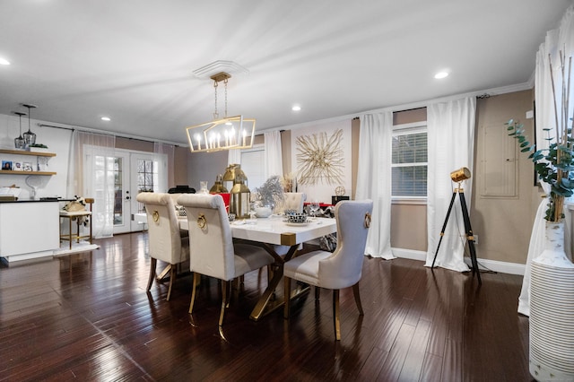 dining space with baseboards, dark wood-style floors, crown molding, french doors, and recessed lighting