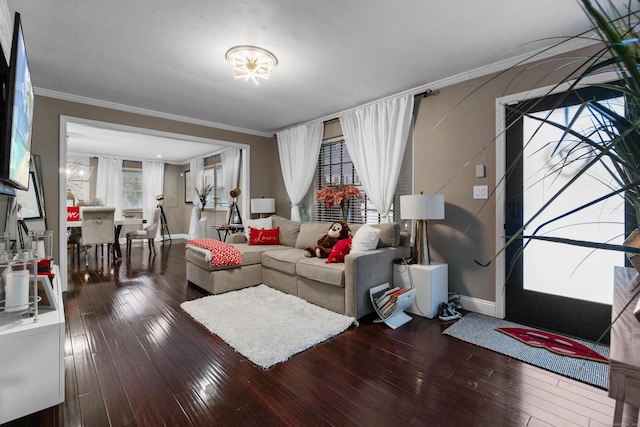 living room with crown molding, baseboards, and wood finished floors