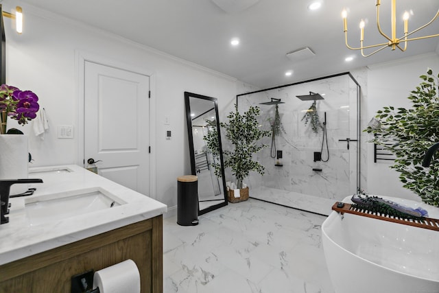 bathroom with ornamental molding, marble finish floor, a sink, and a marble finish shower