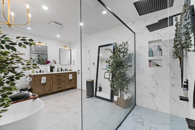 full bath featuring double vanity, marble finish floor, a marble finish shower, and a soaking tub