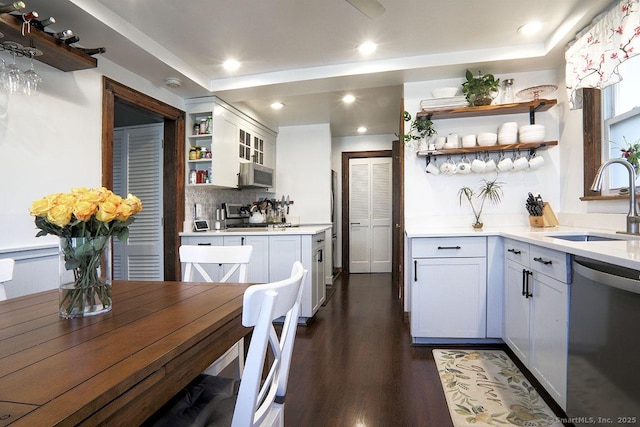 kitchen featuring appliances with stainless steel finishes, dark wood-type flooring, light countertops, open shelves, and a sink