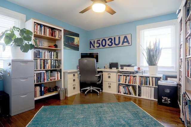 home office featuring ceiling fan and wood finished floors