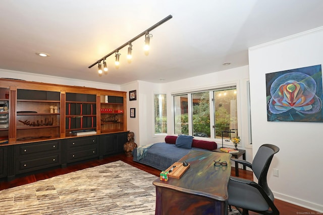 office space with ornamental molding, recessed lighting, dark wood finished floors, and baseboards