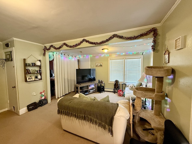 living area featuring light carpet, baseboards, and ornamental molding