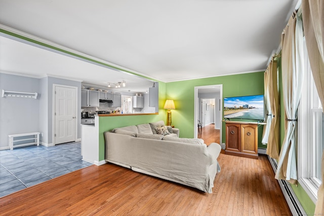 living room with baseboards, wood finished floors, crown molding, a baseboard heating unit, and track lighting