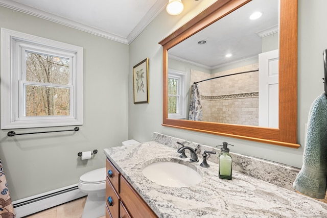 bathroom featuring a shower with shower curtain, toilet, crown molding, vanity, and a baseboard heating unit