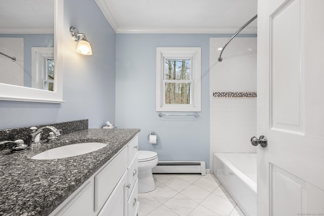 full bath with toilet, vanity, a baseboard heating unit, and ornamental molding