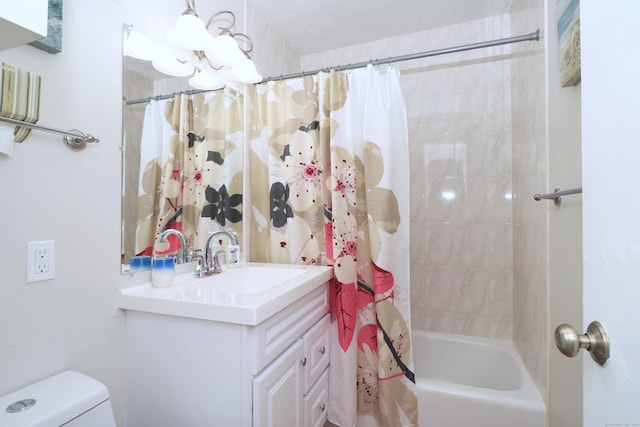 bathroom with vanity, toilet, and shower / bathtub combination with curtain