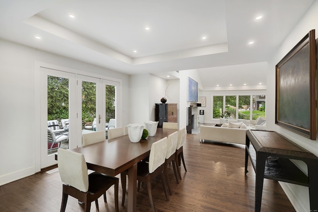 dining area with dark wood-style floors, baseboards, a raised ceiling, and recessed lighting