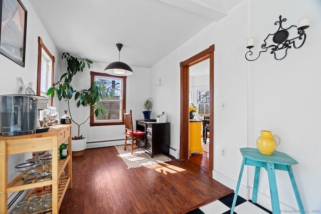 interior space with a baseboard heating unit, a baseboard radiator, and wood finished floors