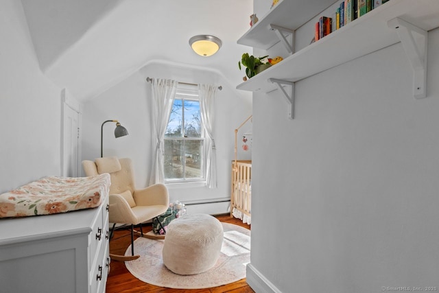 living area with vaulted ceiling and wood finished floors